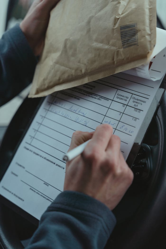 services-02 Close-up of a courier signing a package delivery form on a clipboard inside a vehicle.